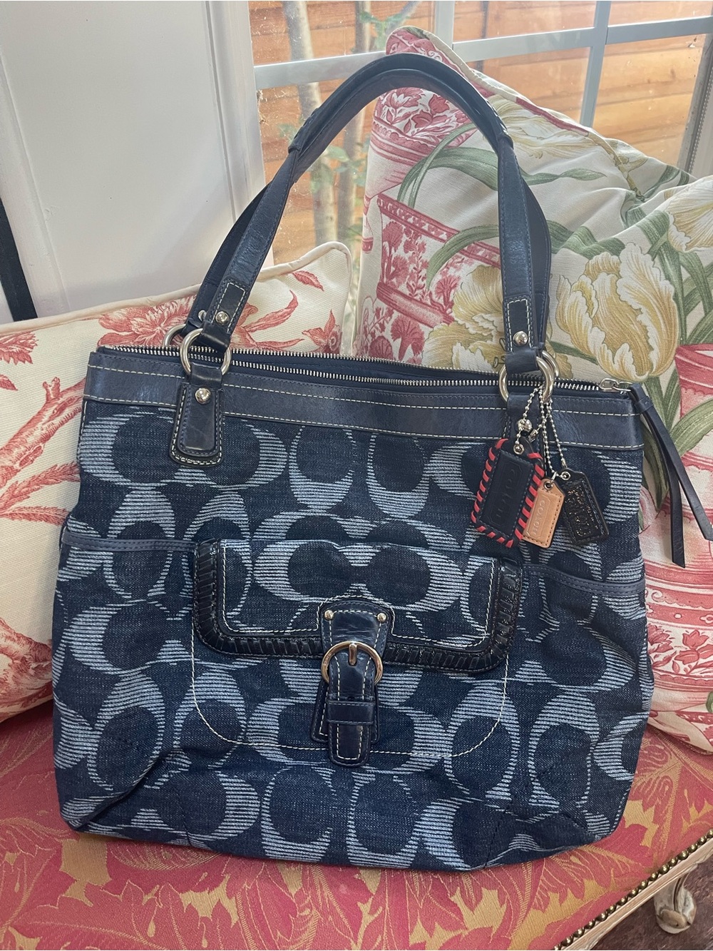 Coach Poppy Navy Denim Signature Tote with Leather Trim